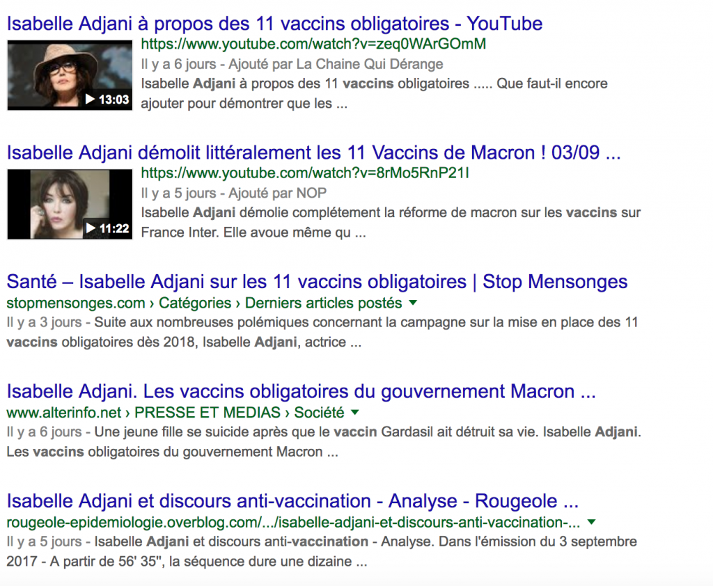 Merci Isabelle Adjani de faire remonter les sites de désinformation sur les vaccins, excellent travail.